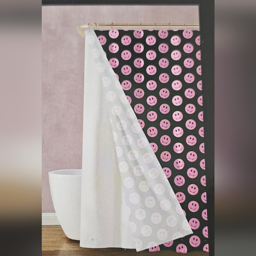 Betsey Johnson Black Pink Smiley Vampire Shower Curtain Set Bathroom Decor